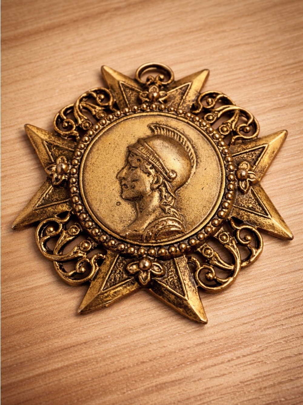 Vintage Gold Tone Roman Warrior Medallion Pendant Ornate Star Charm